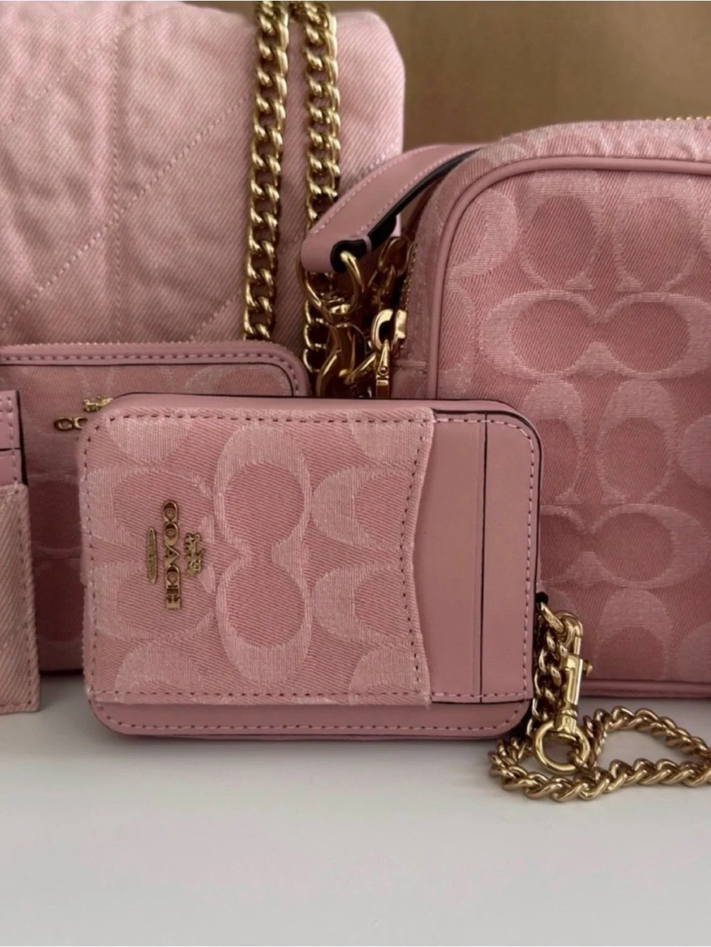 Coach Zip Card Case In Signature pink  Denim With Charm